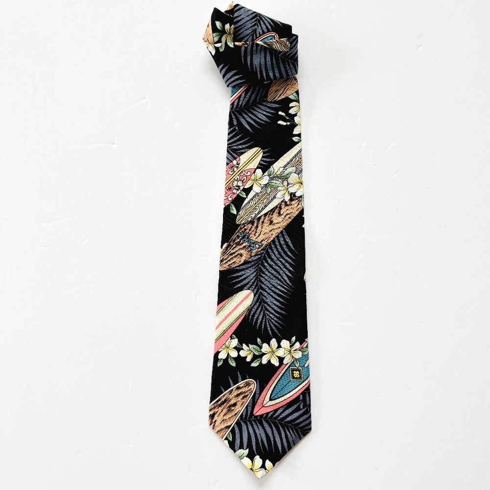 Pacific Legend Men's Tie Surfboards Flowers Black Necktie Made in Hawaii USA